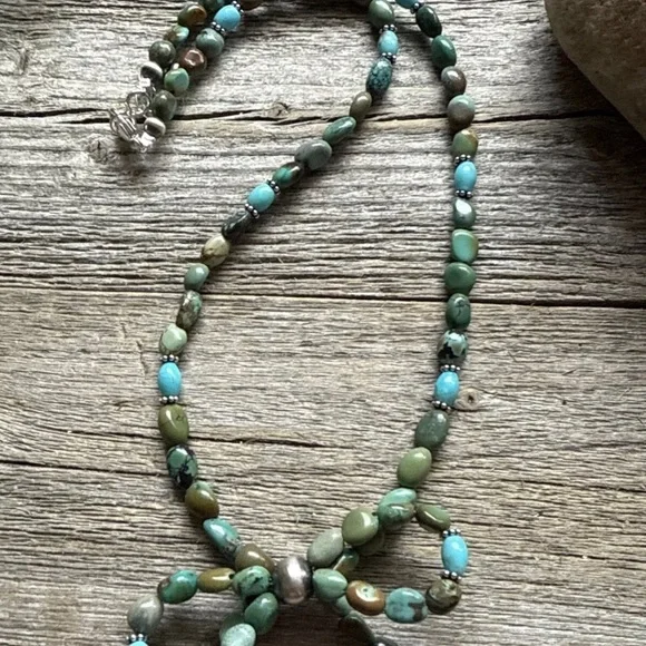 Bow Blue Green Turquoise Sterling Silver Pearls Bead Necklace. 18 Inch. Gift